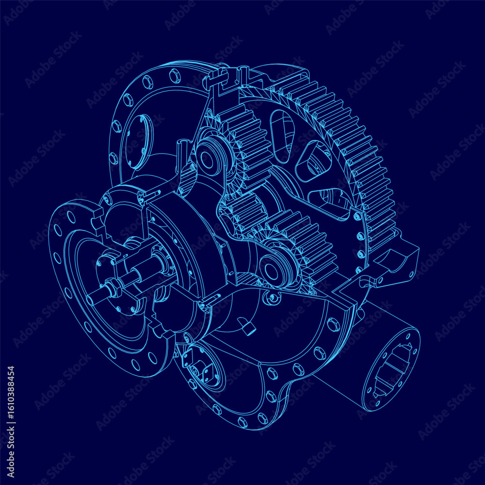 Poster a detailed blueprint of a gearbox on a blue background highlights intricate components like the prop
