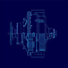 A detailed blueprint of a gearbox with intricate mechanical components like shafts and gears, set against a vibrant blue background. The white contour lines of the gearbox contrast sharply.