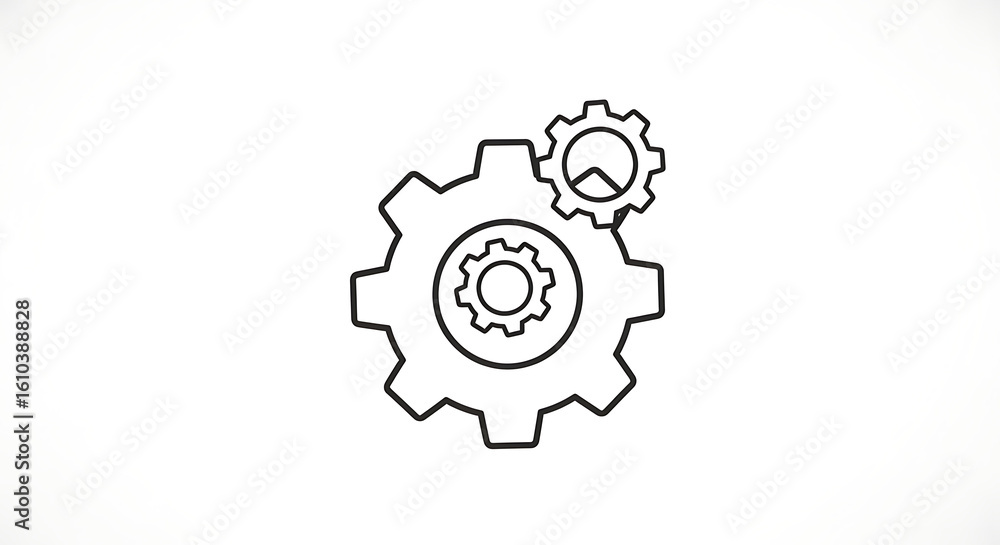 Poster a simple line drawing of three gears interconnected on a white background in a vector style design