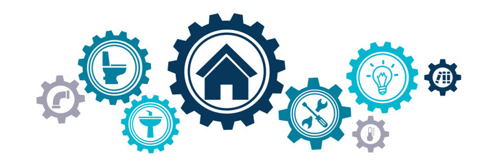 Facility management vector illustration. Concept with icons related to commercial / office or residential property caretaker service, building management & maintenance, handyman / repairman.