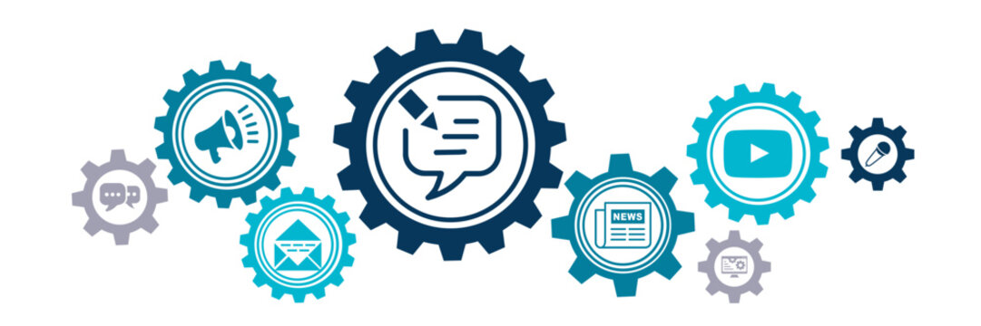 public relations icon concept: pr / media relations / marketing & publicity symbols - vector illustration