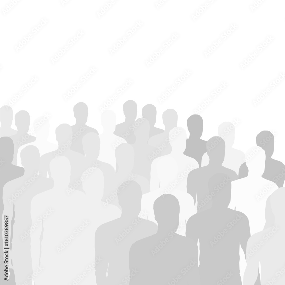 Poster a large group of people stands in unity against a white background, their silhouettes creating a str