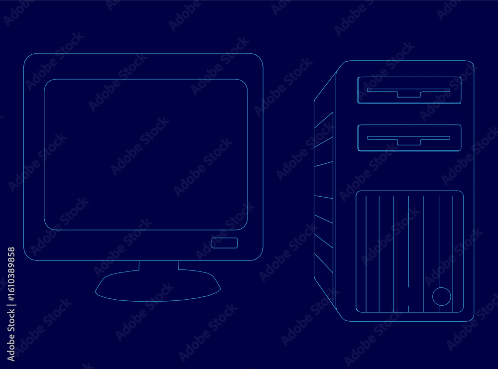 Poster retro desktop computer and monitor connected by a usb cable on a deep blue background. the contour d