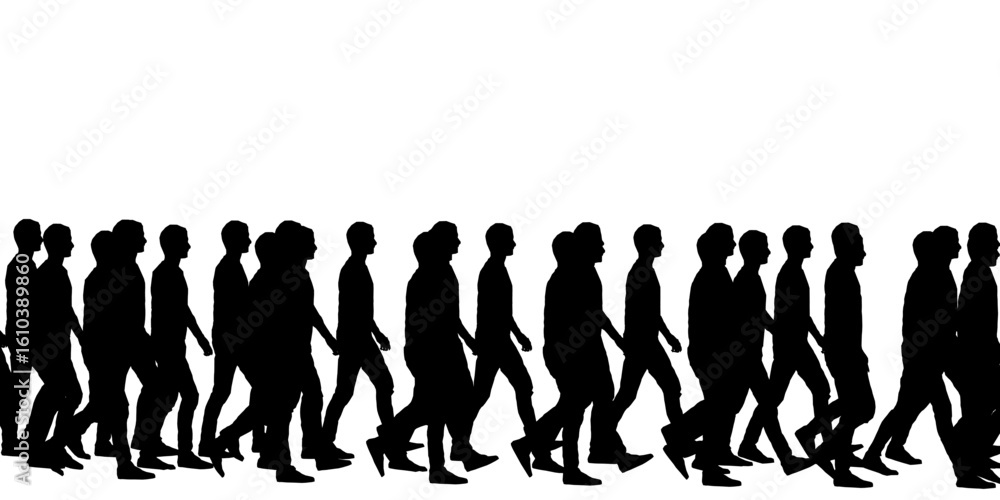 Poster a group of men walking in single file as black silhouettes against a clean white background. the min