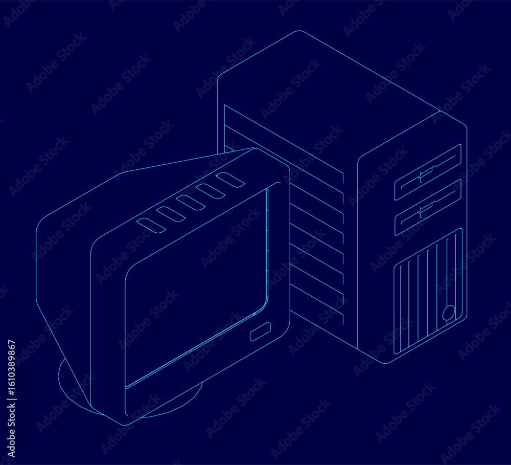Poster isometric line art illustration of a retro computer and monitor on a deep blue background. the cpu a
