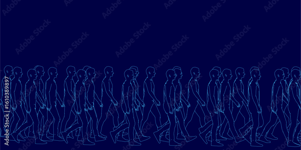Poster a line of people walking in single file, depicted as simple contour drawings against a dark blue bac