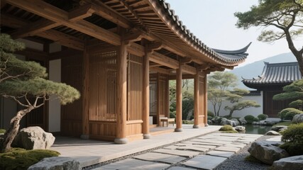 Fototapeta premium Traditional Japanese Wooden Pavilion with Curved Roof and Stone Pathway