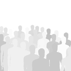 Obraz premium A large group of people stands in unity against a white background, their silhouettes creating a striking contrast. The crowd faces the same direction, emphasizing movement and collective purpose.