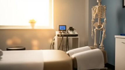 Empty physiotherapy treatment room with equipment
