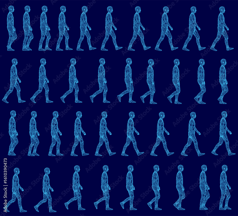 Poster a blue background features a pattern of wireframe human figures walking in various directions, symbo