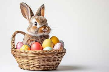 Bunny sits in basket with Easter eggs. For marketing, design, web use.