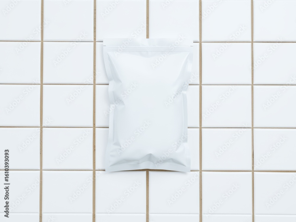 Poster a white pouch centered on a white tiled wall with thin grout lines in a square pattern background