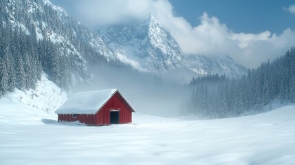 Fototapeta premium Red cabin in a snowy mountain landscape