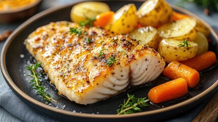 Grilled Fish Fillet with Roasted Potatoes and Carrots Garnished with Fresh Herbs on a Plate