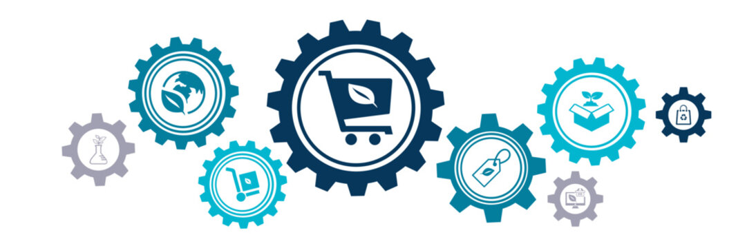 ecological product and packaging vector illustration. Green concept with connected icons related to environmentally friendly shopping or ecommerce, sustainable procurement or purchasing, zero waste.