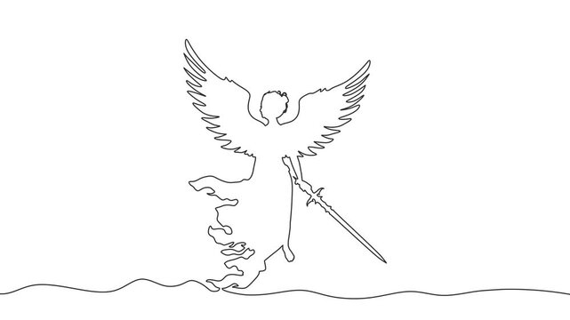 Fantasy woman angel warrior with wings, Warlike girl goddess. Lady elf holding sword in hand. Thin line style
