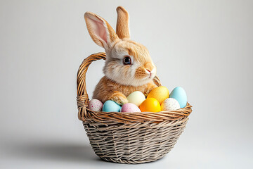 Bunny sits in basket with eggs. Marketing, web use, design, easter, spring, cute.