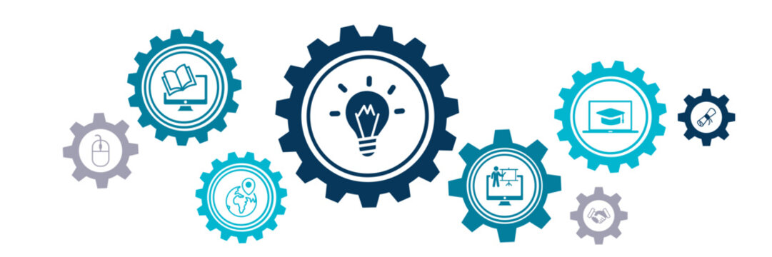 E-learning vector illustration. Blue concept with icons related to webinar, online class / course or blended learning, video tutorial, digital lesson, web training workshop or coaching, remote degree.