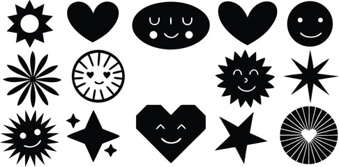 Vector art of a diverse collection of black and white abstract shapes, including hearts, stars, and smiley faces isolated on transparent background.