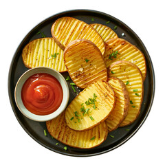 Crispy Ridged Potato Slices with Ketchup on Black Plate – Top View