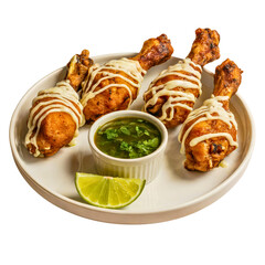 A top-down view of four crispy fried chicken drumsticks on a full visible white ceramic plate