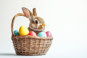 Easter bunny sits in a basket with colorful eggs against white. Use for spring holiday, greeting cards, web design.