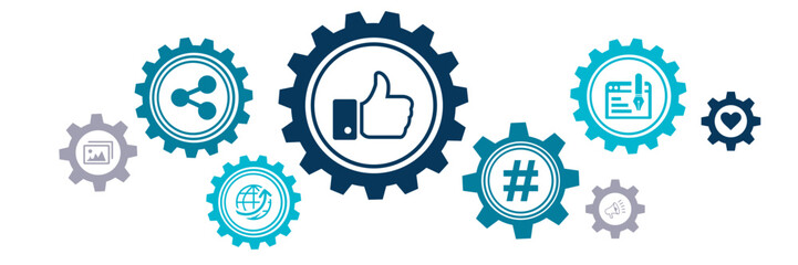 Social media management vector illustration. Concept with connected icons related to social media, social network, marketing, branding and audience communication strategy.