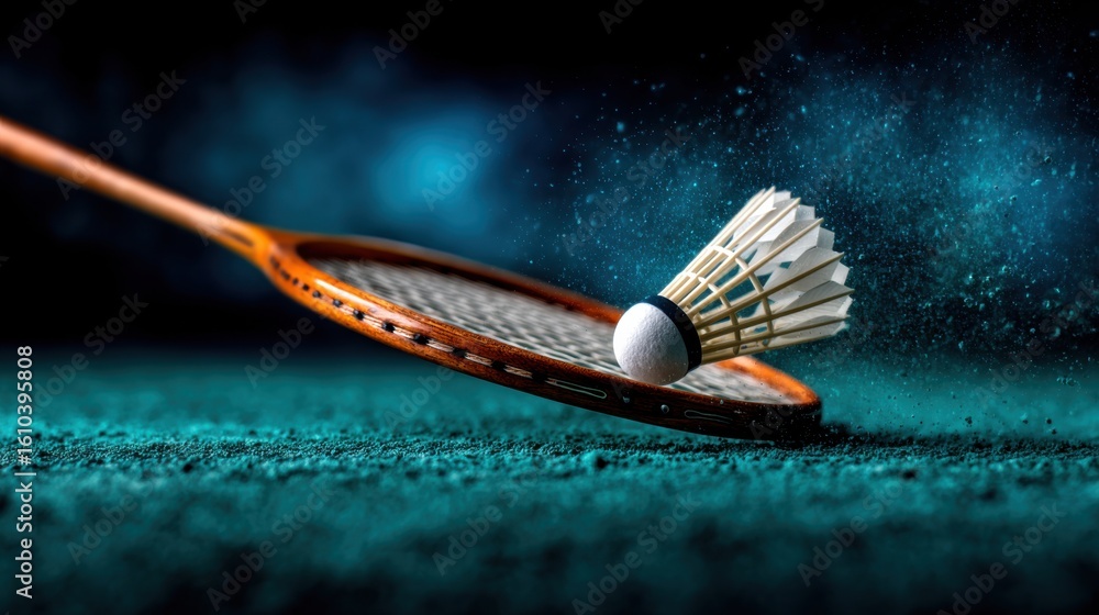 Poster a badminton racket and shuttlecock on a textured court surface with a dynamic background