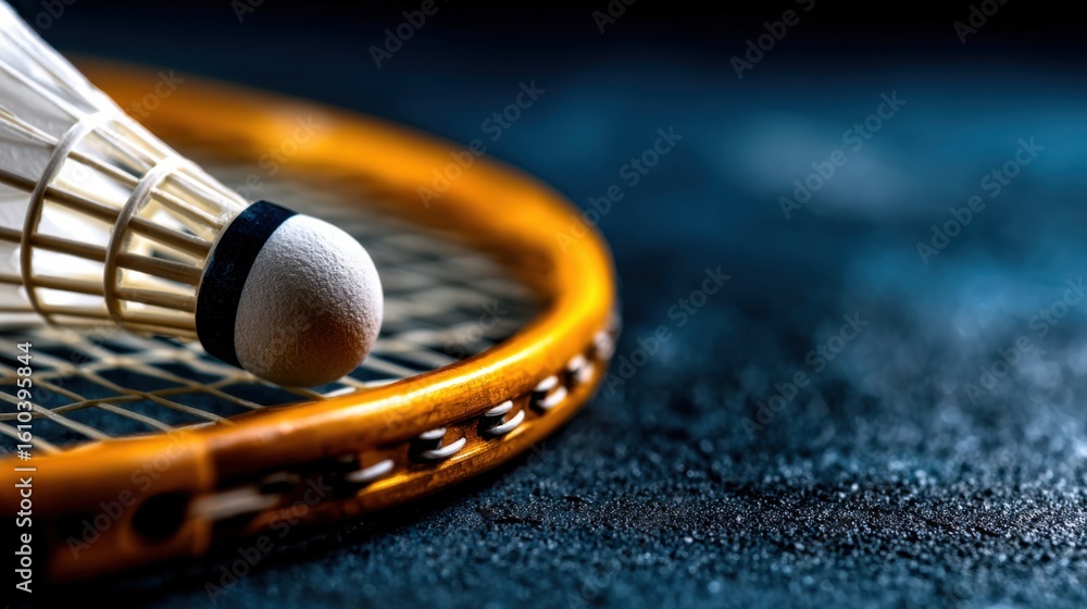 Poster close-up of a badminton racket and shuttlecock on a dark textured surface
