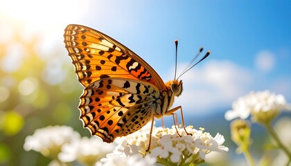 Delicate butterfly perched on blooming white flowers against bright blue sky