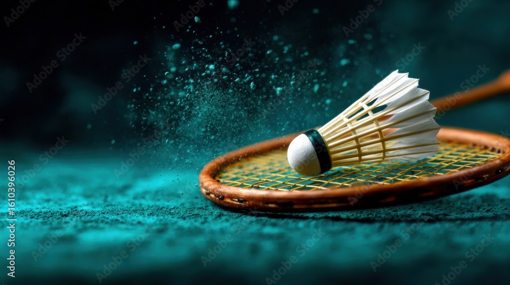 Poster badminton shuttlecock resting on racket with a splash of water in the background