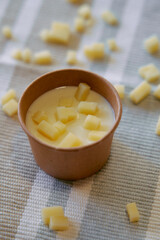 A Creamy Dessert Delight Featuring Small Cubes of Sweet Yellow Cheese and a Smooth Base, Perfect for Indulging in a Unique Culinary Experience