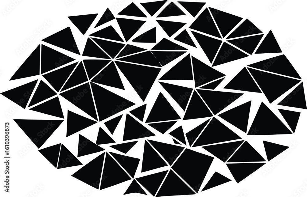 Poster vector art of a dynamic composition of black triangles forming an abstract oval shape isolated on tr