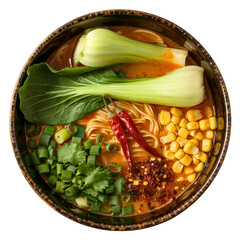 Isolated Ramen Bowl with Vegetables and Chili in Red Broth – Top View PNG
