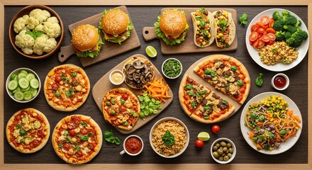 Fototapeta premium Variety of Fast Food Burgers Pizza and Salads on Wooden Table