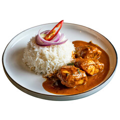 Traditional Indian Meal on Silver Plate with Rice, Chicken Curry, and Fresh Vegetables – Top View