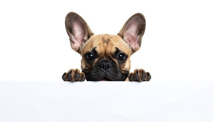 Playful fawn French Bulldog puppy peering over a blank white sign