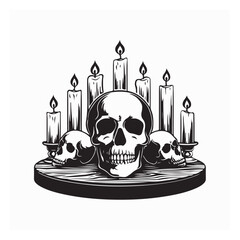 Simple Human Skull Surrounded by Lit Candles in Black and White 
