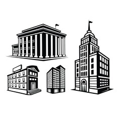 Fototapeta premium Illustration of five different buildings in black and white style art