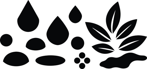 Fototapeta premium Vector art of a collection of black abstract shapes including drops, leaves, and circles, isolated on white isolated on transparent background.