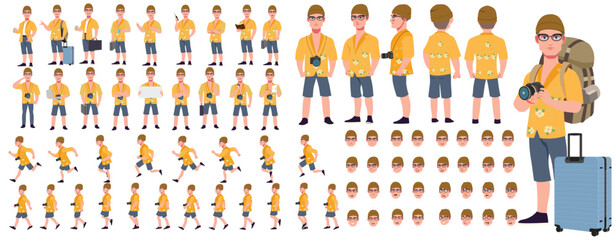 Traveler character model sheet, Character poses, expressions, Walk cycle, Run cycle animated character sequences.