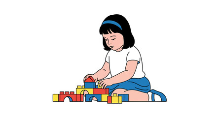 Young girl playing with building blocks educational cartoon illustration