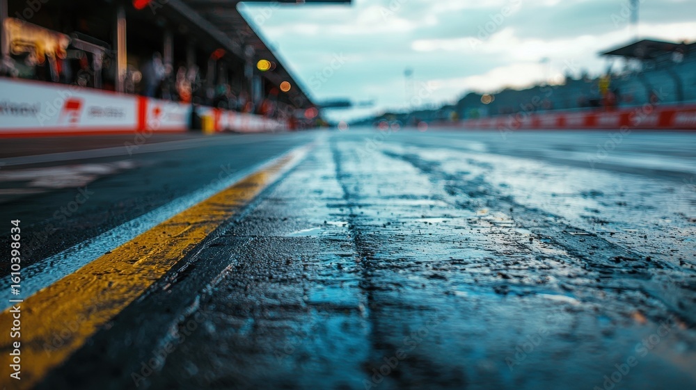 Wall mural this close-up image captures the serene empty f1 track, focusing on the pit area. the reflective wet