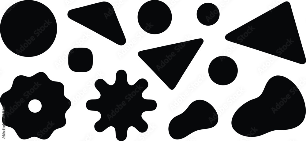 Poster vector art of a diverse assortment of black abstract shapes and geometric forms scattered across a t