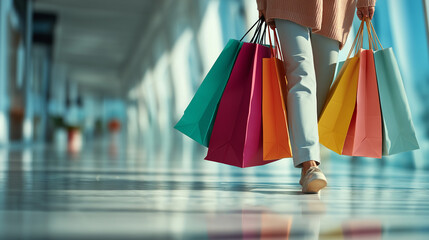 Woman carrying colorful shopping bags in a modern mall capturing consumerism