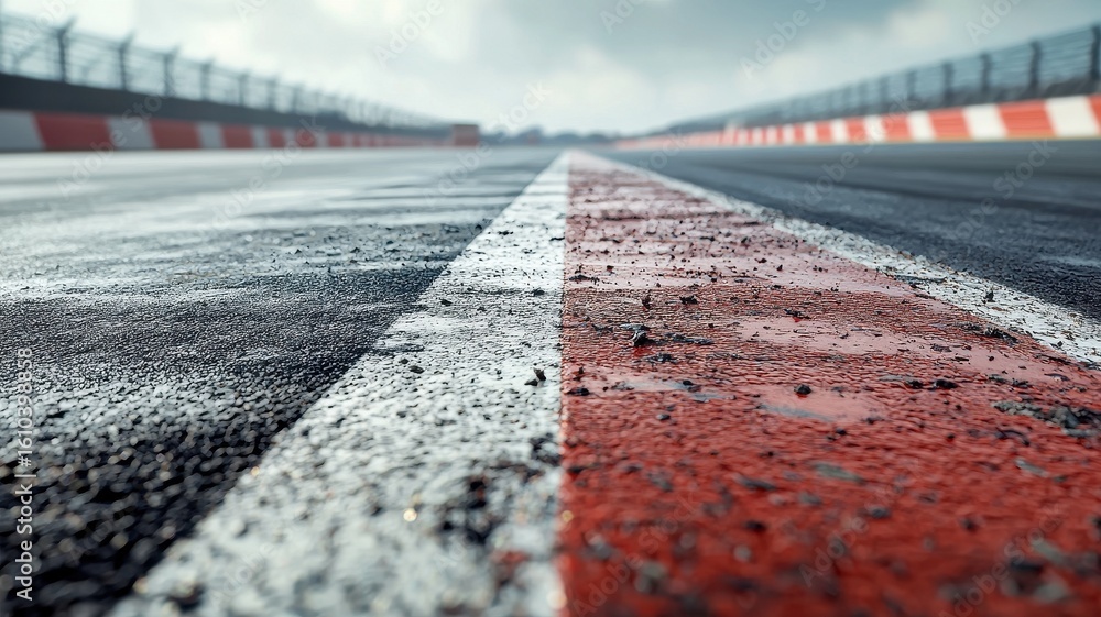 Wall mural this close-up image captures an empty formula 1 track, highlighting the wet asphalt surface and dist