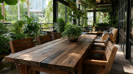 Fototapeta premium Tranquil indoor garden dining space with rustic wooden table and chairs in a leafy setting