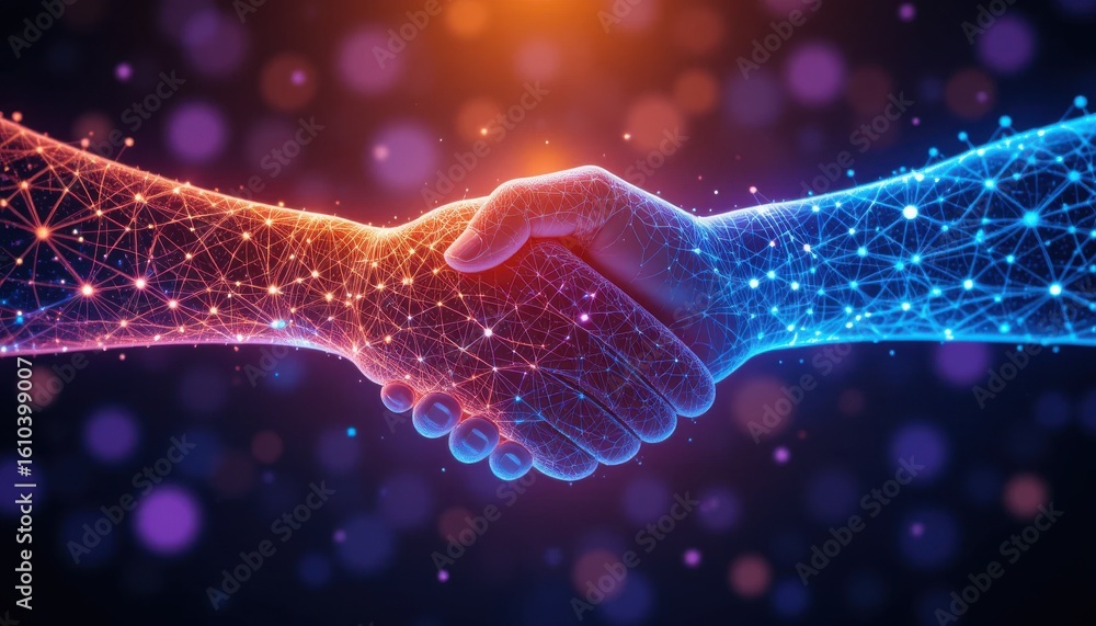 Poster futuristic handshake with interconnected digital network representation concept