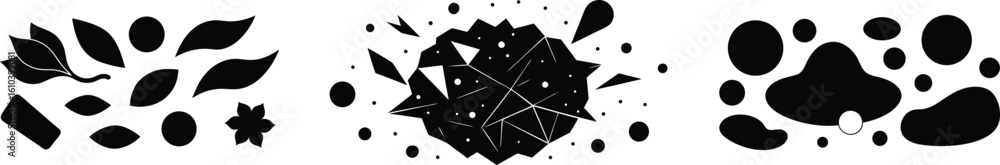 Poster vector art of a collection of abstract black shapes and elements on a transparent background.