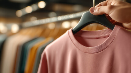 Fototapeta premium Close-up of a person holding a stylish pink sweater on a hanger in a clothing store